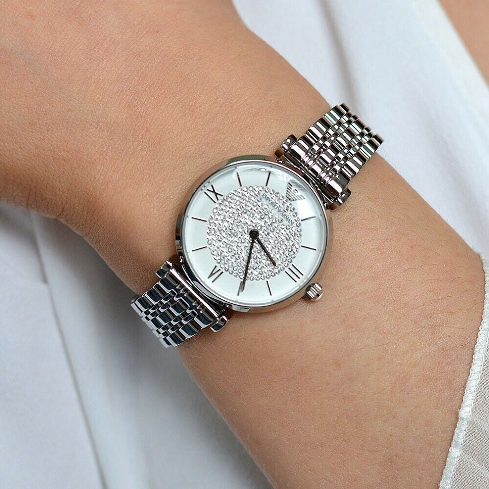Close-up wrist shot of AR1925 Emporio Armani showing elegant crystal dial finish