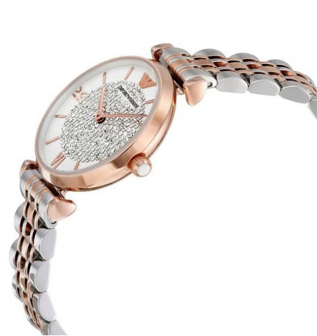 Close-up of Emporio Armani AR1926 showing sparkling white pave dial and polished two-tone strap