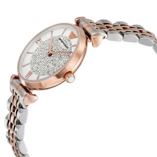 Close-up of Emporio Armani AR1926 showing sparkling white pave dial and polished two-tone strap