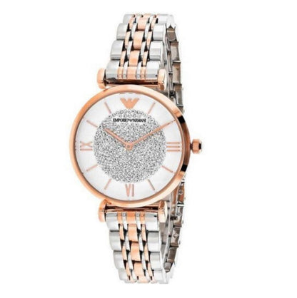 Front view of Emporio Armani AR1926 with elegant two-tone strap and crystal-accented white dial