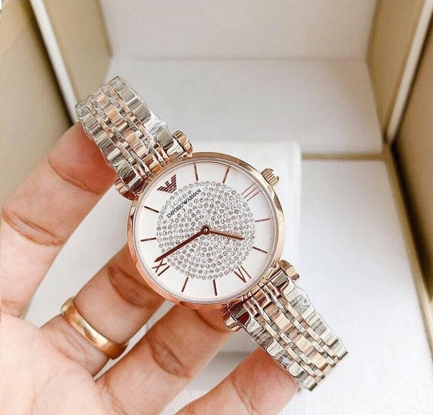 Emporio Armani AR1926 Gianni T-Bar women’s watch with two-tone bracelet and white crystal pave dial