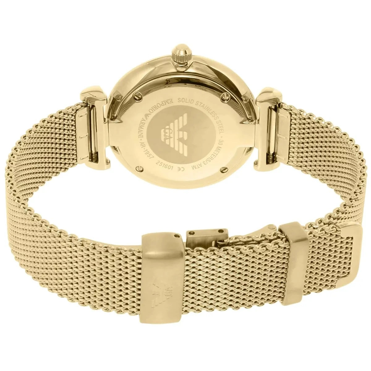 Back view of Emporio Armani AR1957 with stainless steel caseback and mesh bracelet