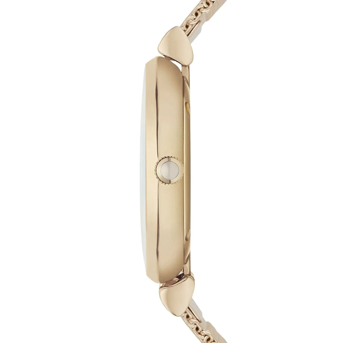 Side profile of the Emporio Armani AR1957 women’s gold mesh strap watch