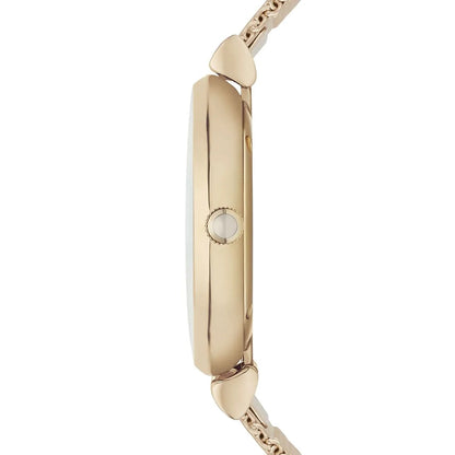 Side profile of the Emporio Armani AR1957 women’s gold mesh strap watch