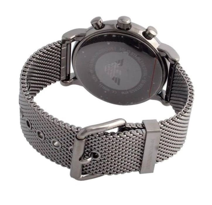 Back side of Emporio Armani AR1979 with adjustable mesh clasp and case engraving