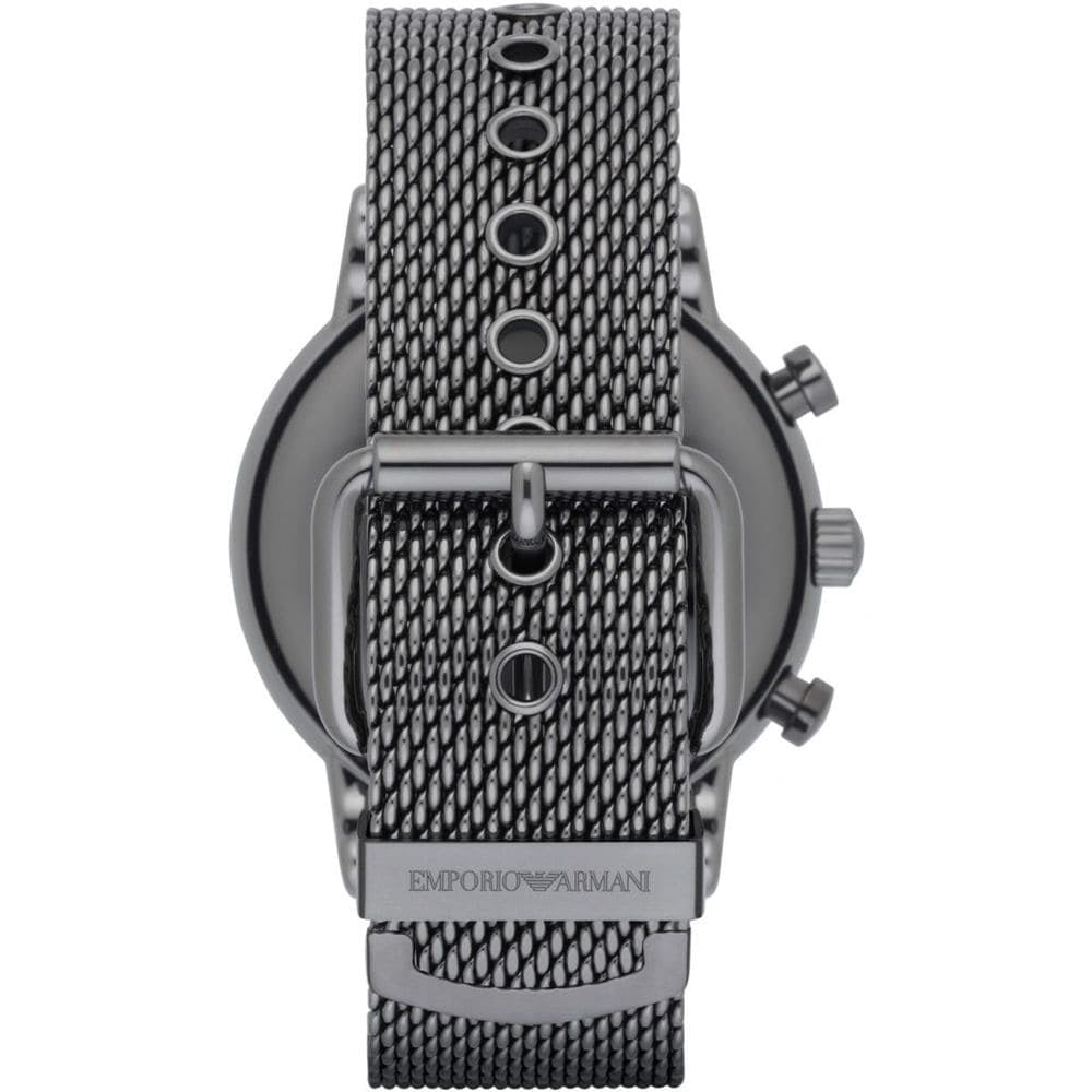 Rear view of Emporio Armani AR1979 showing stainless steel caseback and mesh bracelet