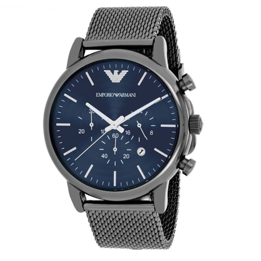 Close-up of Emporio Armani AR1979 showcasing the blue dial and textured mesh strap