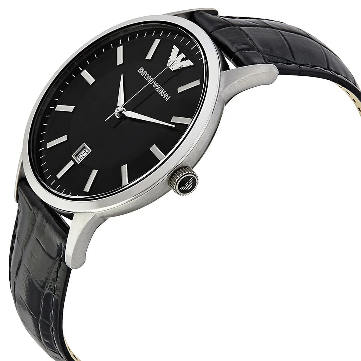 Angled shot of Emporio Armani AR2411 with stylish black dial and silver casing