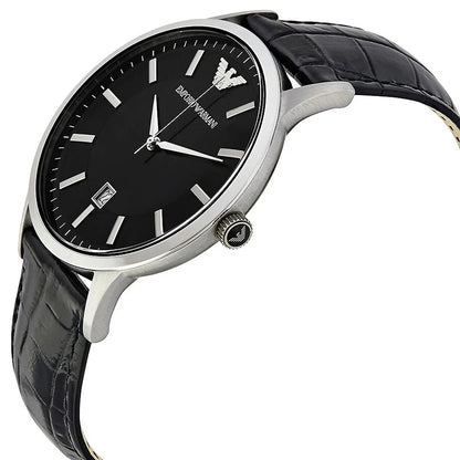 Angled shot of Emporio Armani AR2411 with stylish black dial and silver casing
