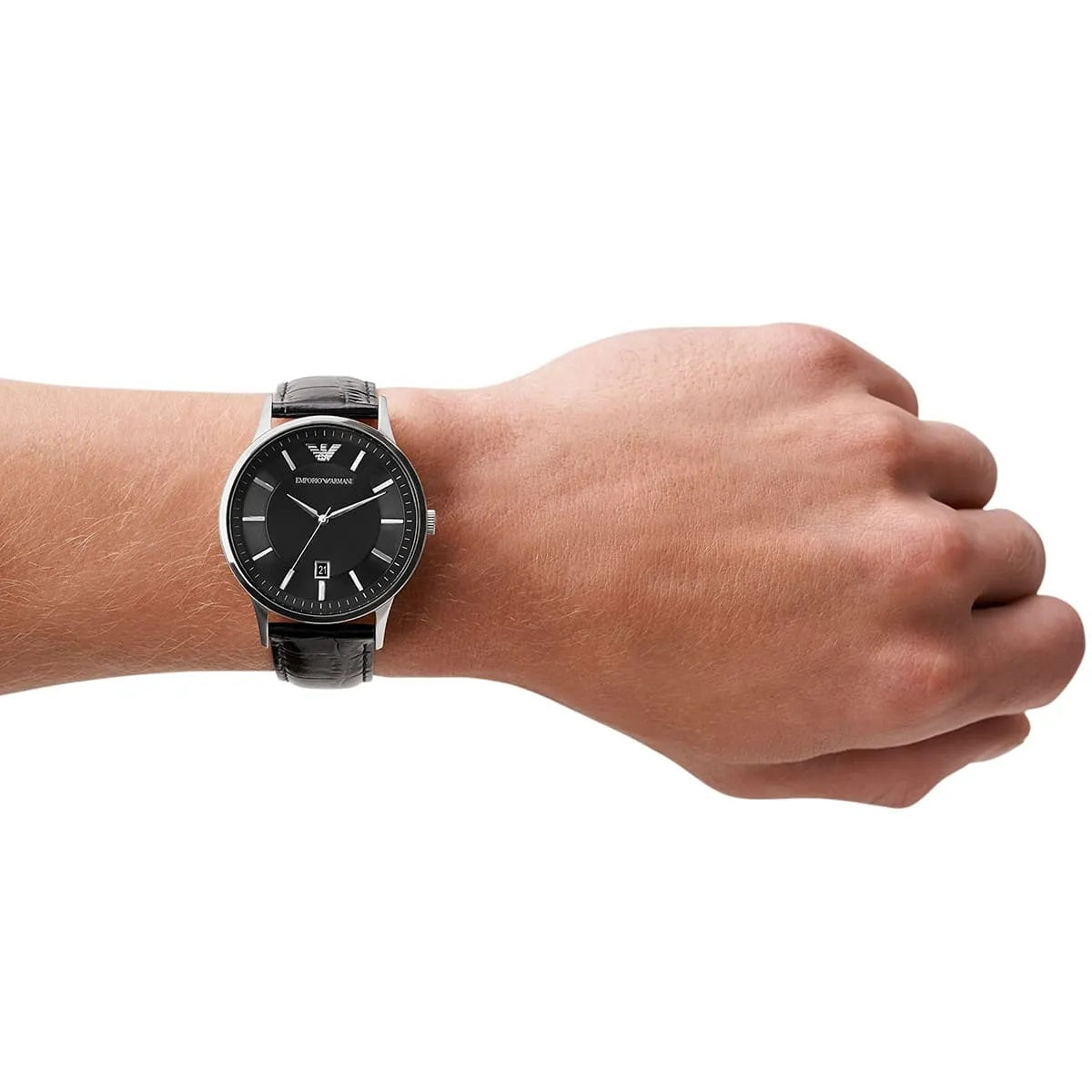 Emporio Armani AR2411 on wrist showing black dial and sleek leather strap