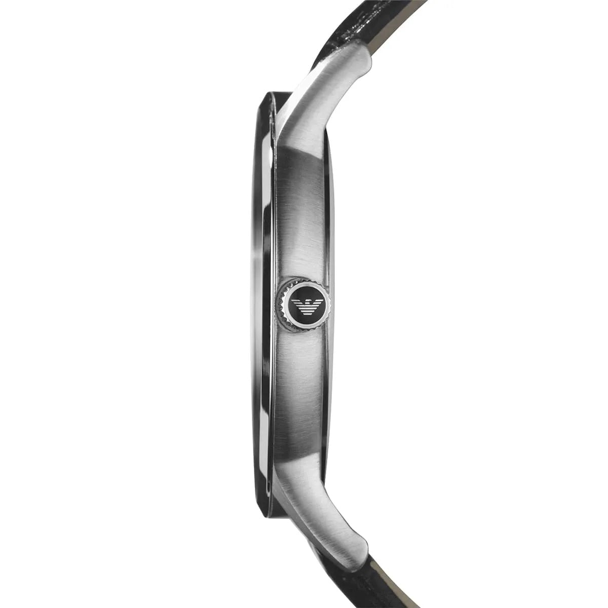 Side profile of Emporio Armani AR2411 with black leather strap and stainless steel case