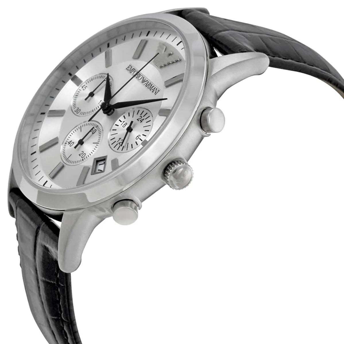 Close-up of Emporio Armani AR2432 showing silver face and black leather strap