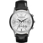 Front view of Emporio Armani AR2432 watch with elegant silver dial and black strap