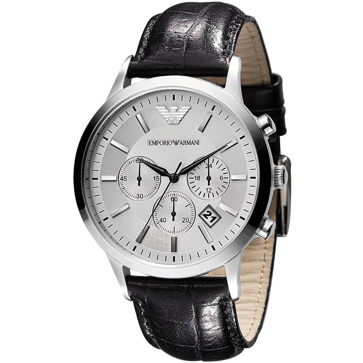 Emporio Armani AR2432 Renato men’s watch with black leather strap and silver dial