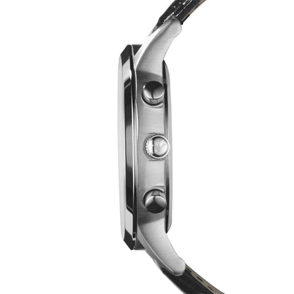 Side profile of Emporio Armani AR2432 with polished silver case and leather strap