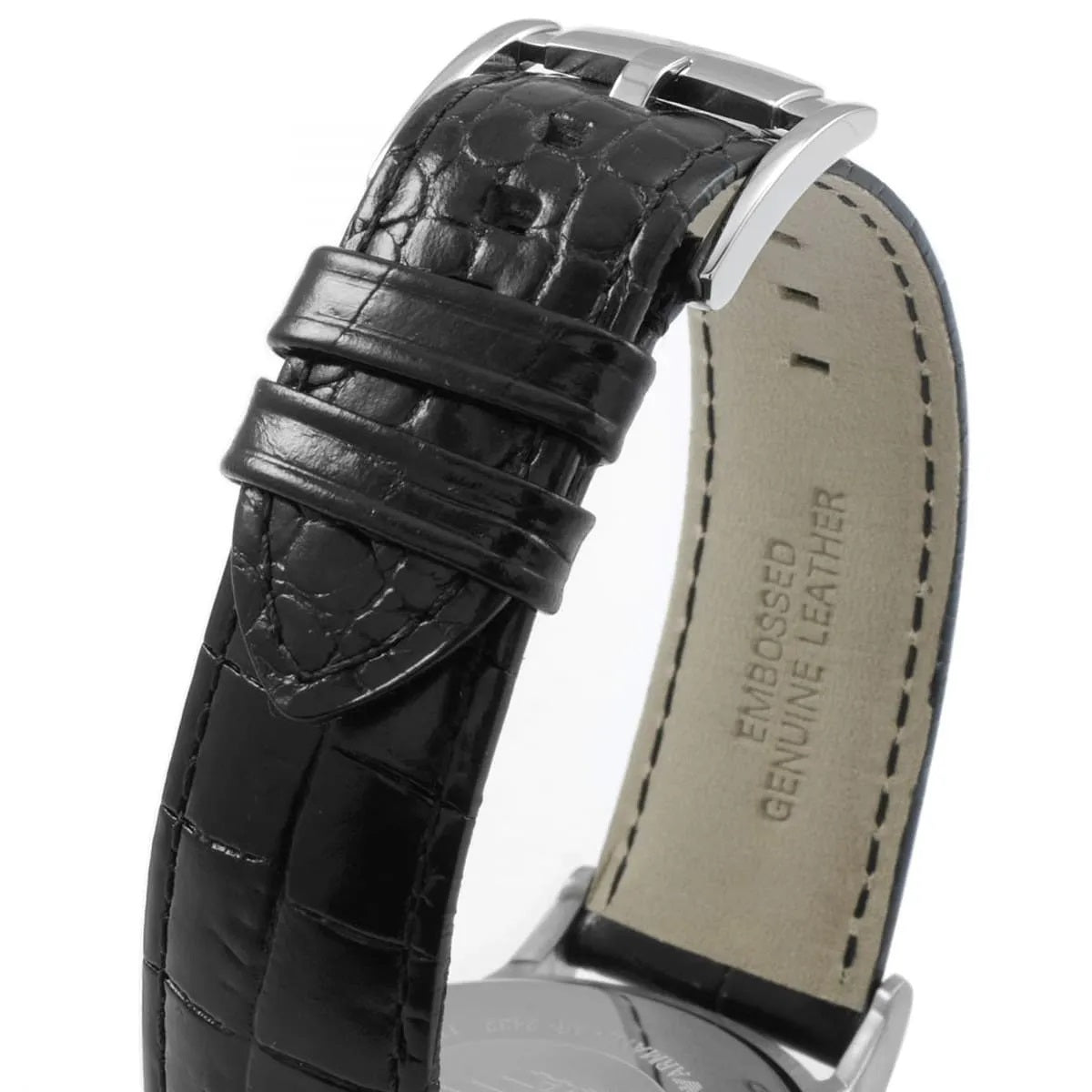 Detail of the black leather strap on Emporio Armani AR2432 men’s dress watch