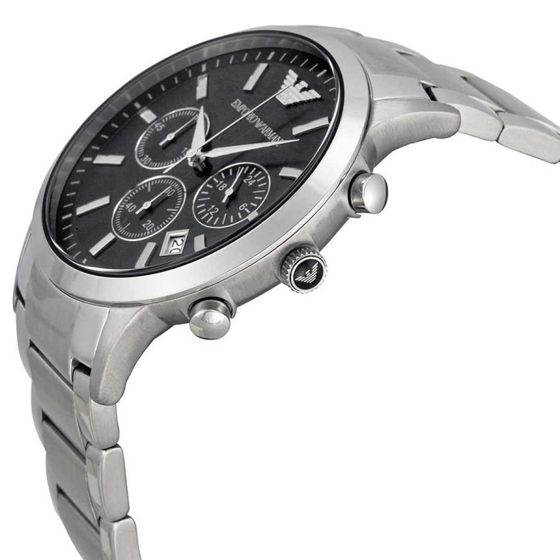 Close-up of Emporio Armani AR2434 watch featuring black face and silver bracelet