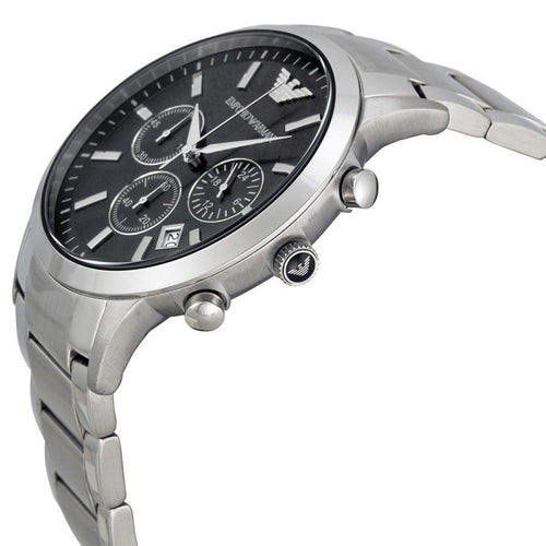 Close-up of Emporio Armani AR2434 watch featuring black face and silver bracelet