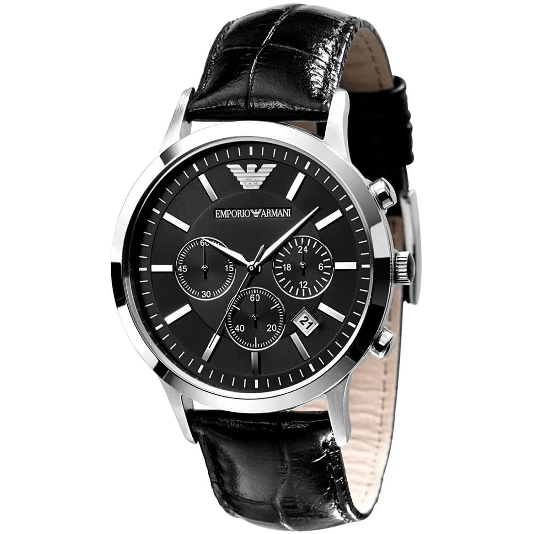 Close-up of Emporio Armani AR2447 Renato black dial and leather strap watch