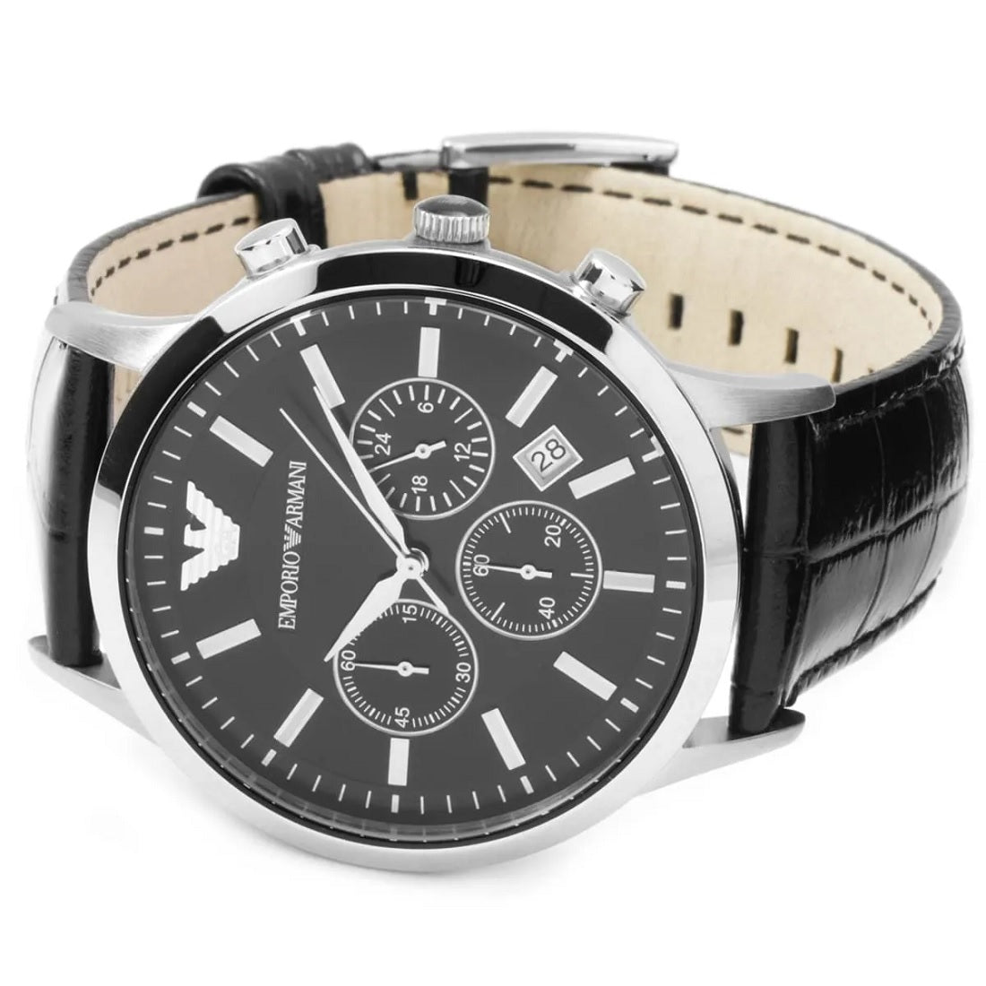Emporio Armani AR2447 Renato men’s watch with black leather strap, black dial, and silver case