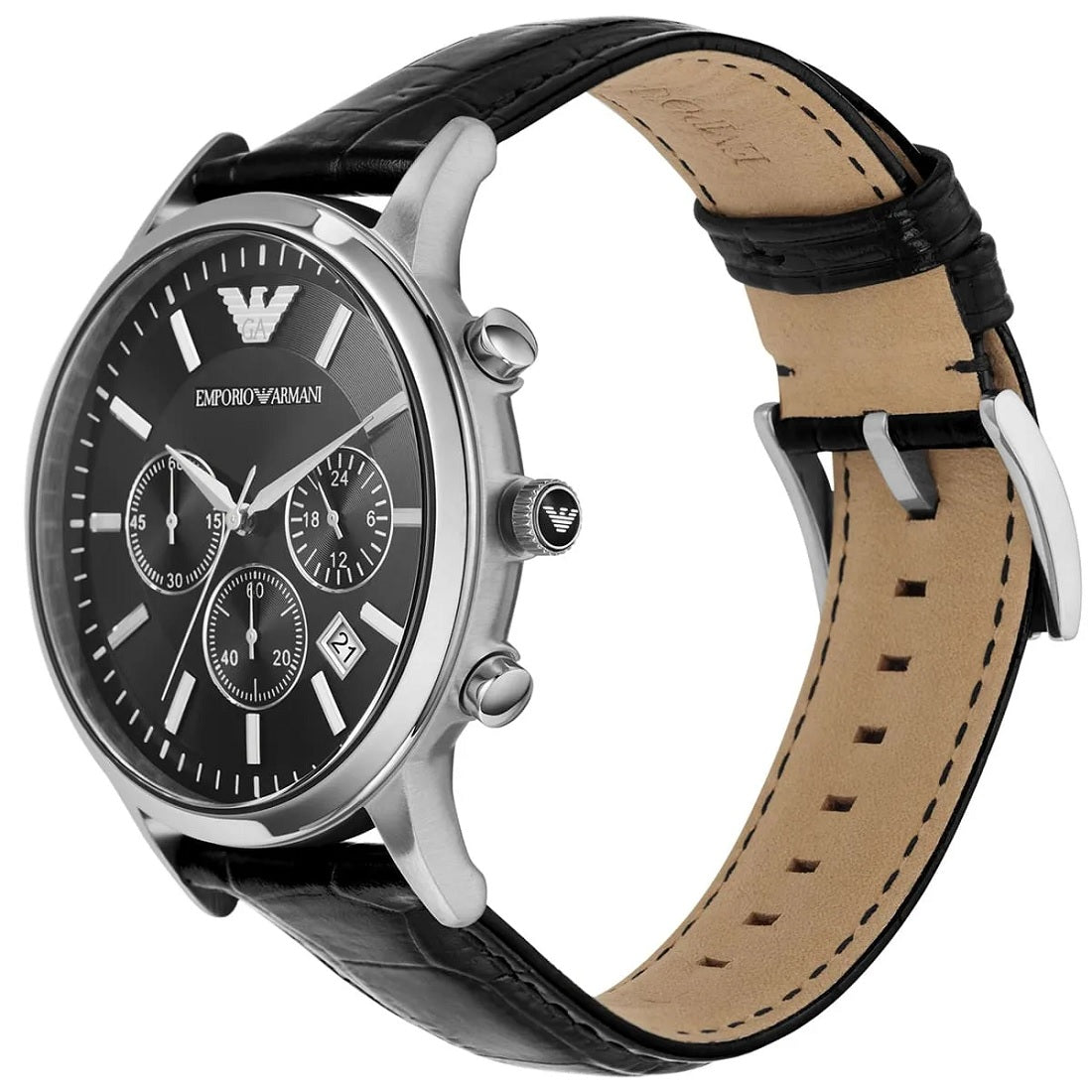 Side view of Emporio Armani AR2447 men’s watch with leather strap and silver case