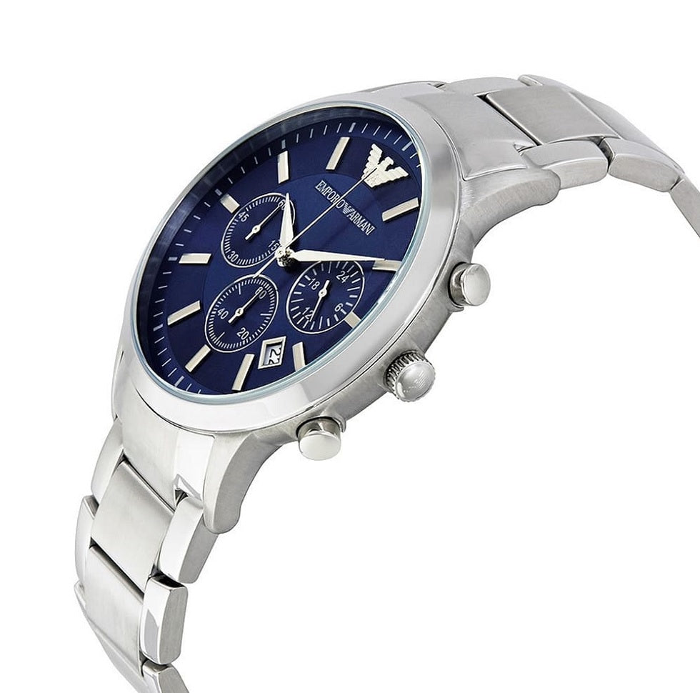 Angled shot of Emporio Armani AR2448 with silver strap and navy blue face