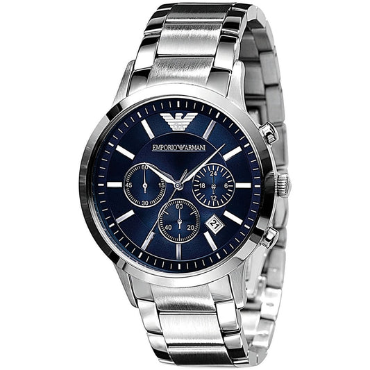 Close-up of Emporio Armani AR2448 Renato watch featuring blue dial and polished silver strap