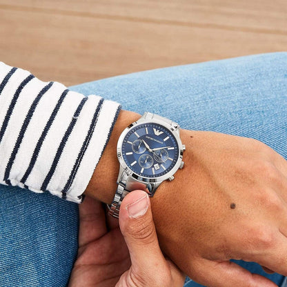 Emporio Armani AR2448 on wrist showing silver strap and blue dial