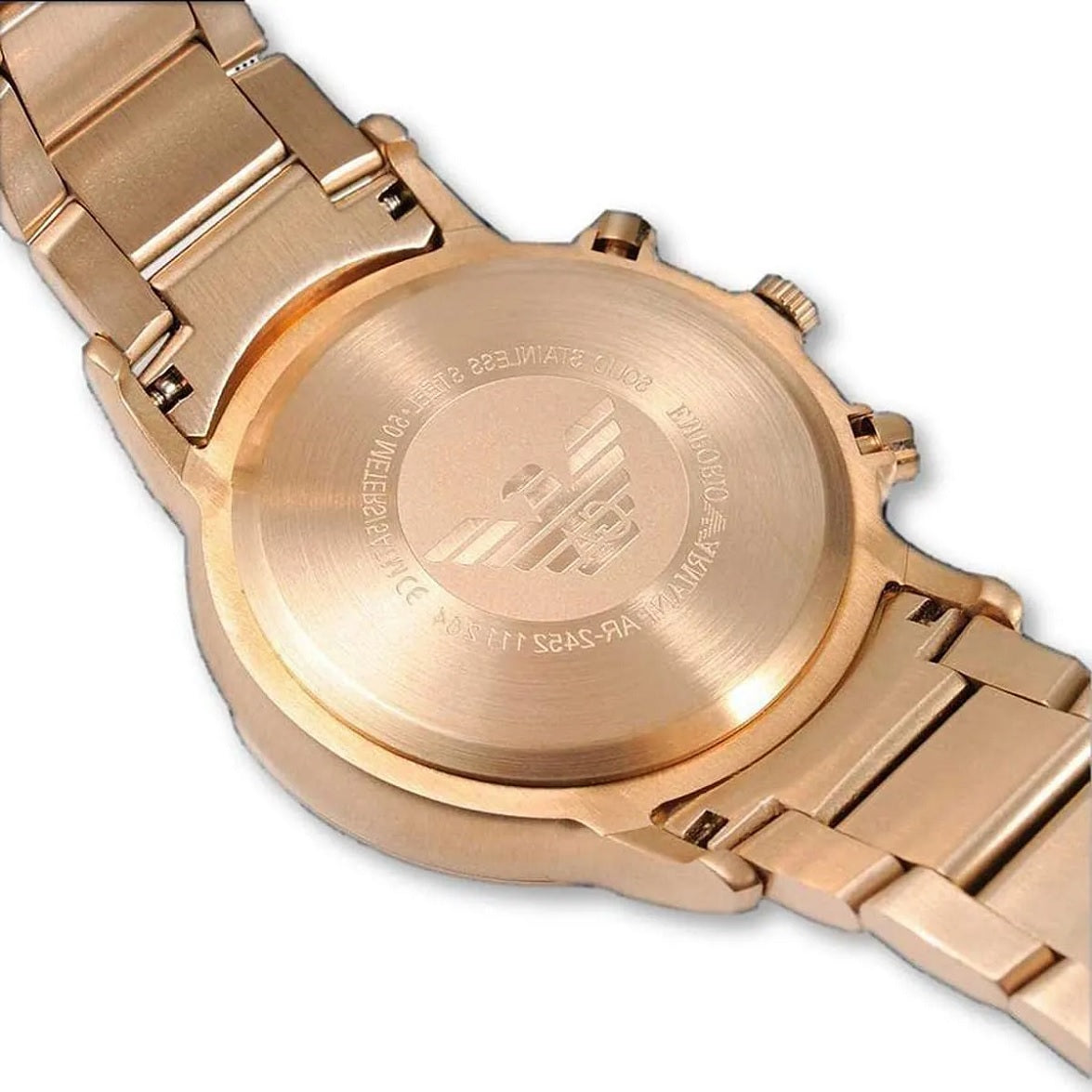Back side of Emporio Armani AR2452 men’s watch with rose gold tone strap