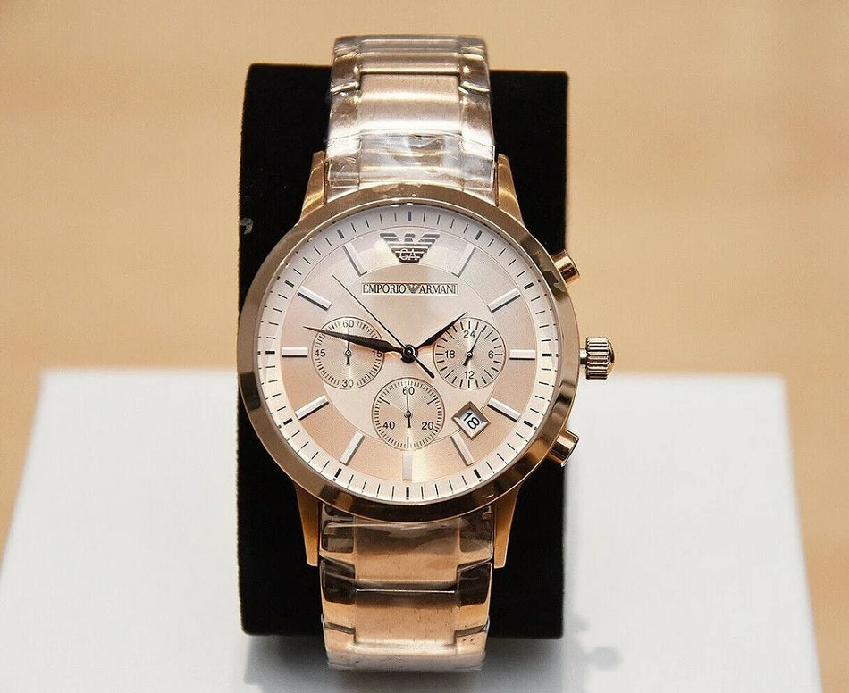 Emporio Armani AR2452 displayed on branded watch pillow in rose gold finish