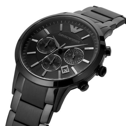 Close-up of Emporio Armani AR2453 Renato watch with black dial and black strap