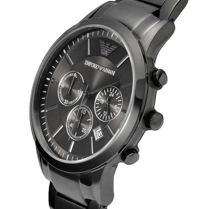Close-up of grey dial on Emporio Armani AR2454 men’s watch with stainless steel bracelet