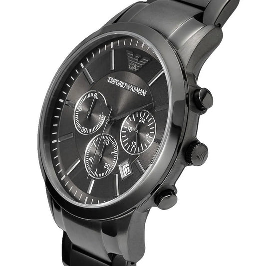 Close-up of grey dial on Emporio Armani AR2454 men’s watch with stainless steel bracelet
