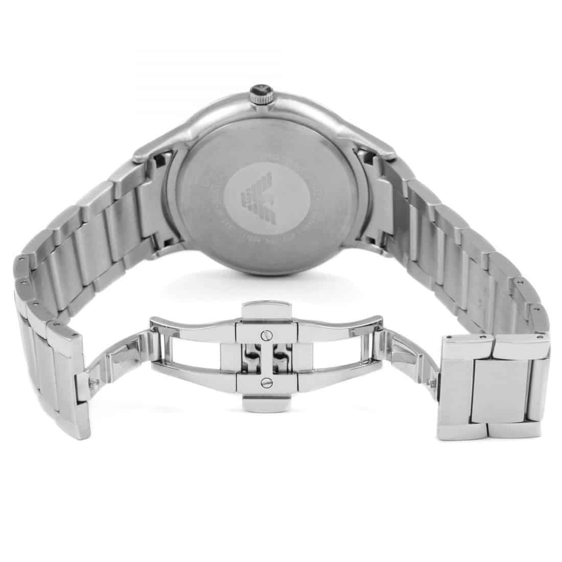 Caseback of Emporio Armani AR2457 men’s watch with silver stainless steel strap