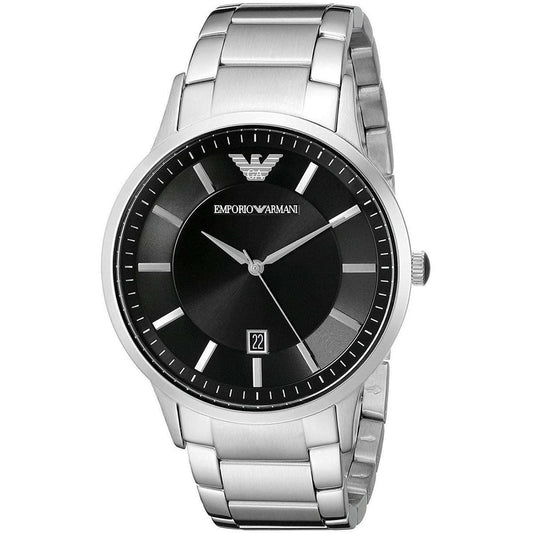 Close-up shot of black dial on Emporio Armani AR2457 with silver stainless steel strap