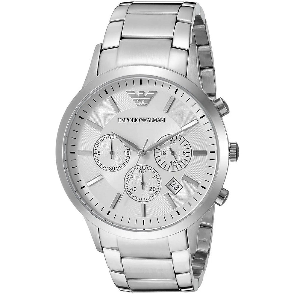 Front view of the Emporio Armani AR2458 Renato men's silver stainless steel watch featuring a silver dial, chronograph sub-dials, and date window.