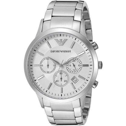 Front view of the Emporio Armani AR2458 Renato men's silver stainless steel watch featuring a silver dial, chronograph sub-dials, and date window.