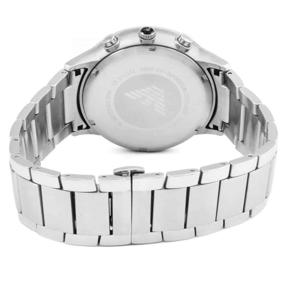 Caseback view of Emporio Armani AR2460 men’s watch with silver stainless steel bracelet