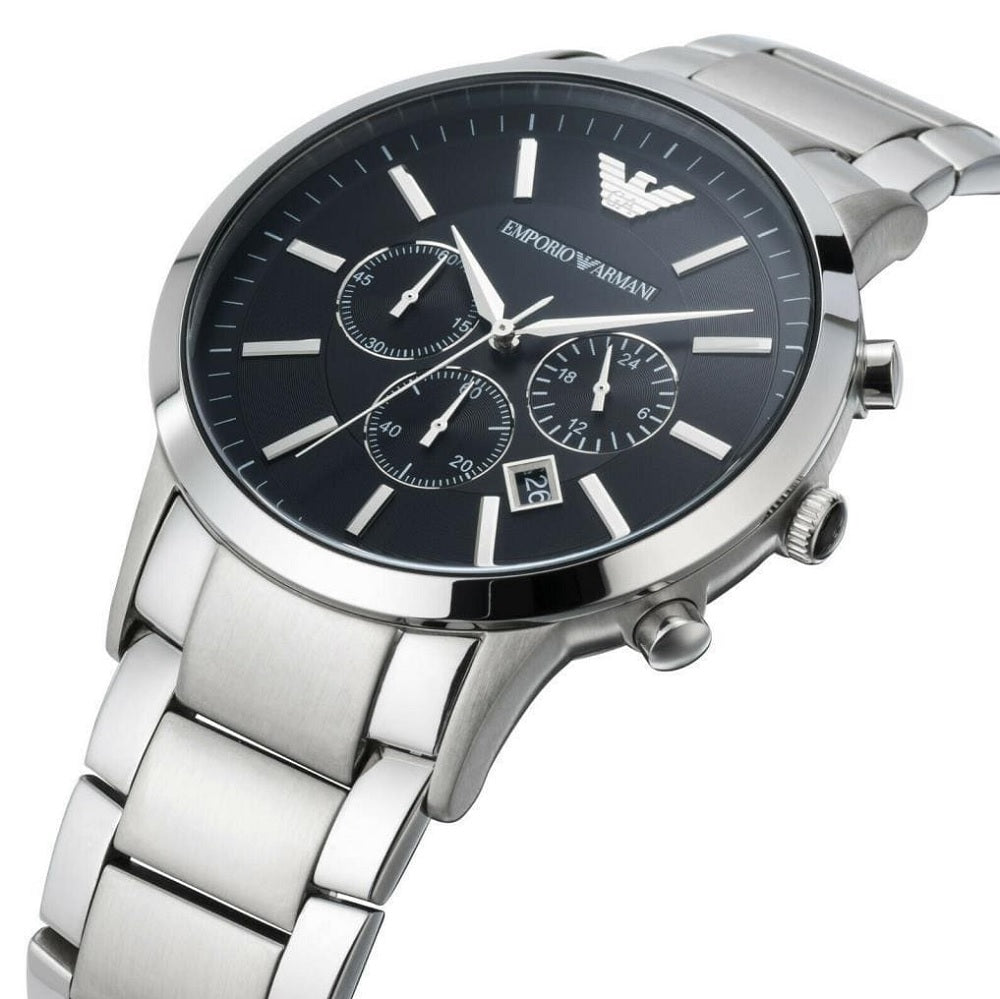 Close-up of the black dial and stainless steel bracelet on Emporio Armani AR2460 men’s watch