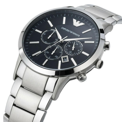 Close-up of the black dial and stainless steel bracelet on Emporio Armani AR2460 men’s watch