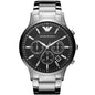 Front view of Emporio Armani AR2460 with silver bracelet and black dial