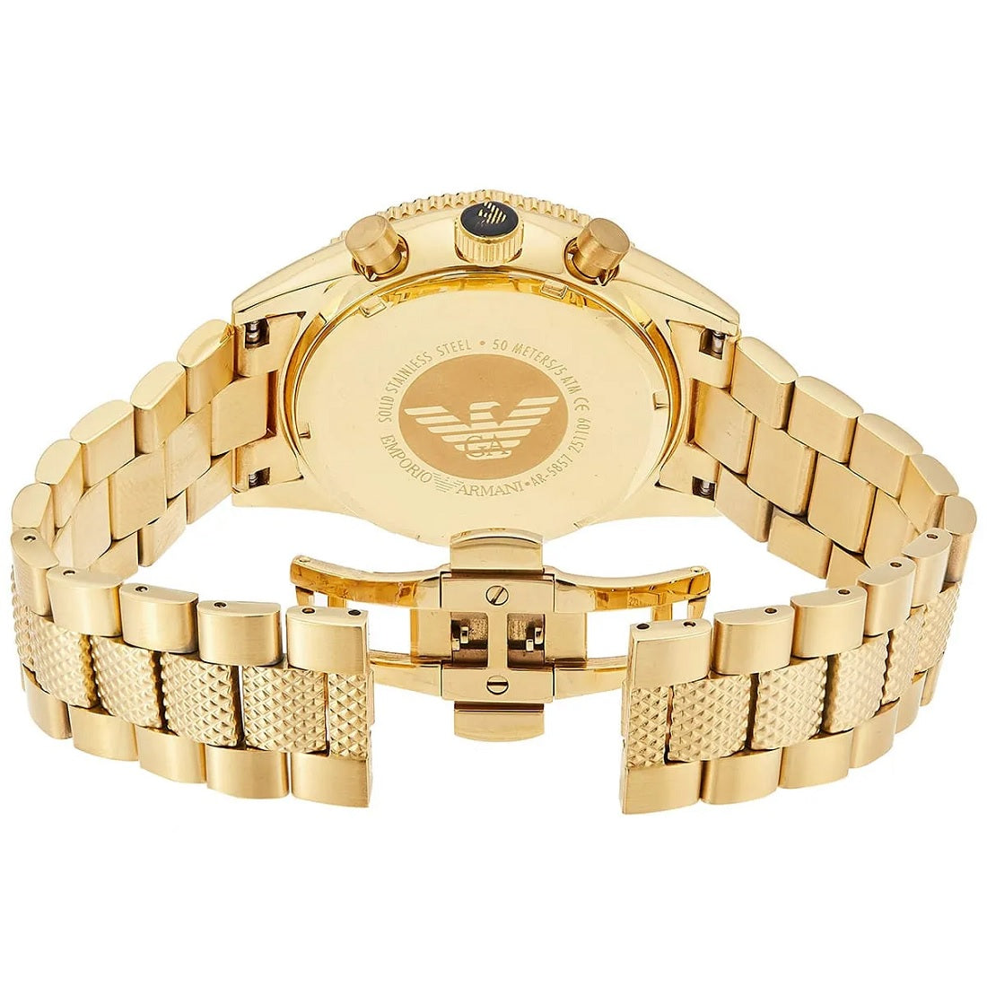 Caseback view of Emporio Armani AR5857 men’s watch with yellow gold strap and black dial