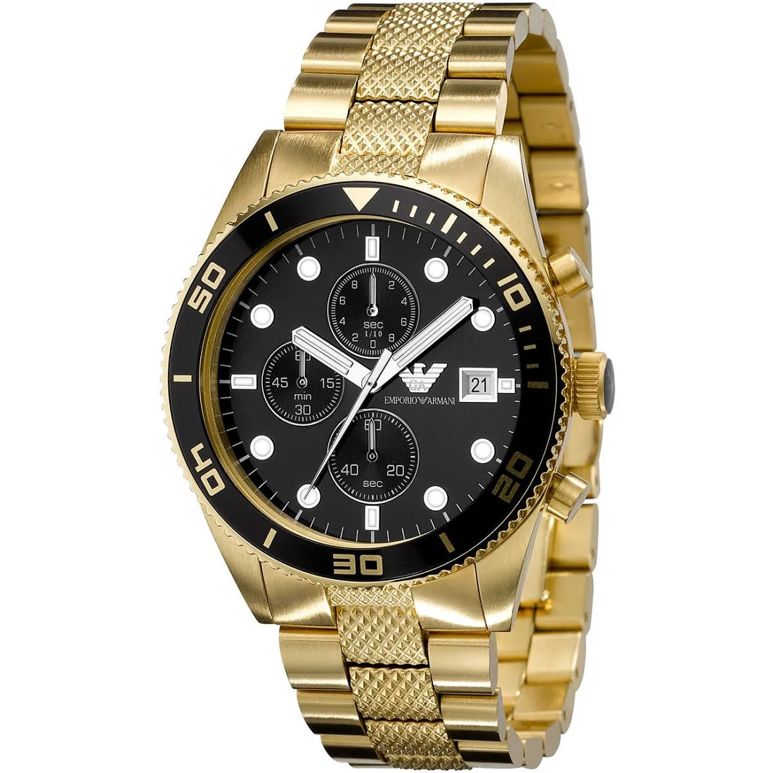 Front view of Emporio Armani AR5857 men’s watch with yellow gold strap and black dial