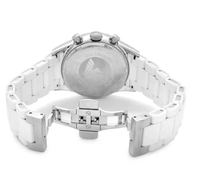 Caseback view of Emporio Armani AR5859 Sportivo men’s watch with opened silicone white strap