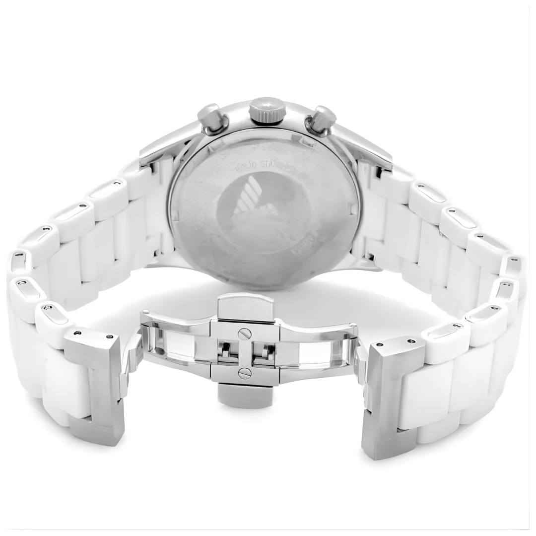 Caseback view of Emporio Armani AR5859 Sportivo men’s watch with opened silicone white strap