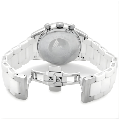 Caseback view of Emporio Armani AR5859 Sportivo men’s watch with opened silicone white strap