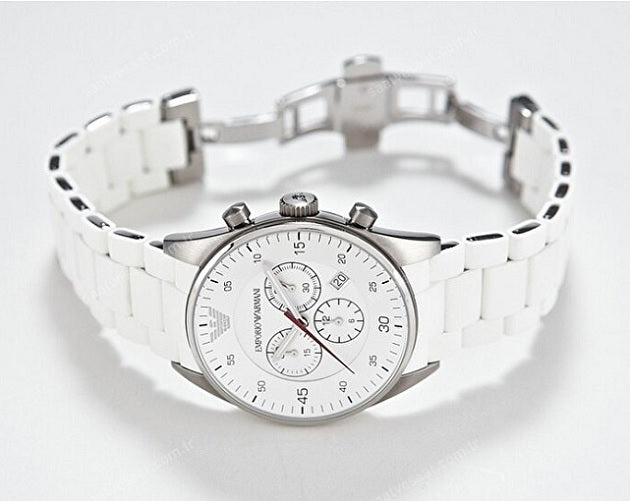 Emporio Armani AR5859 Sportivo men’s watch with silicone white strap, white dial, and silver case