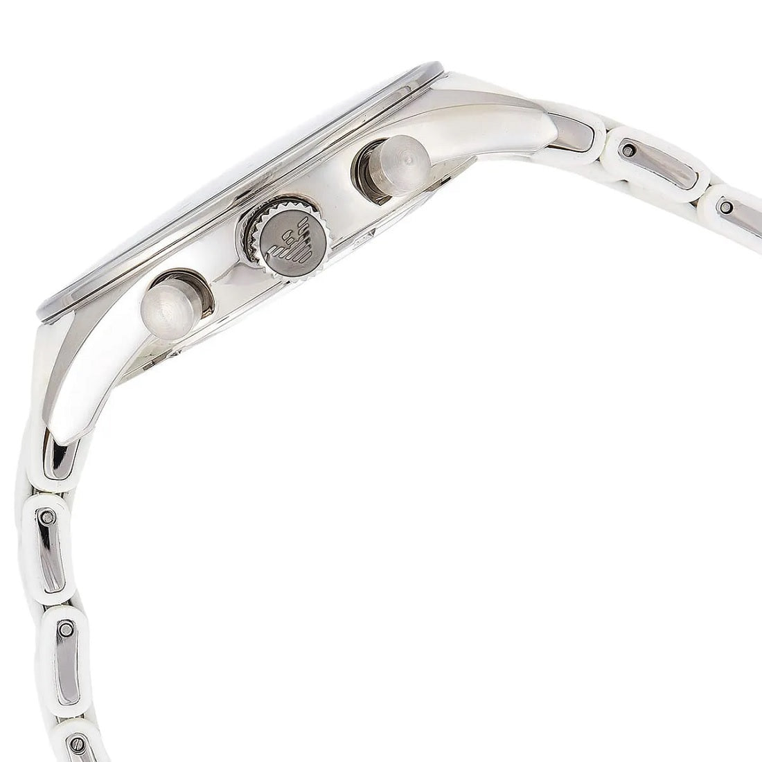 Side profile of Emporio Armani AR5859 showing the silicone white strap and white dial