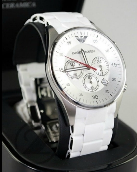 Emporio Armani AR5859 Sportivo men’s watch displayed in branded watch box with silicone white strap and silver case