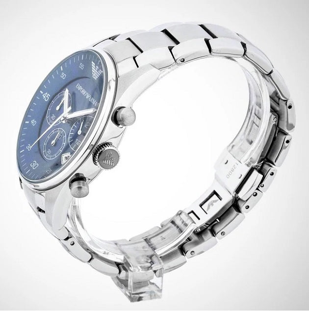 Angled shot of Emporio Armani AR5860 showcasing the stainless steel silver strap and blue dial